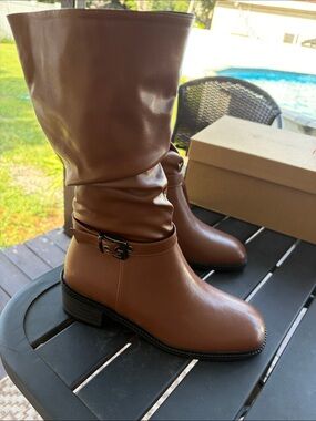Women's Brown Mid-Calf Slouch Boots with Buckle Detail